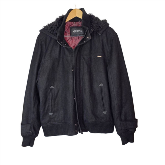 Men's GUESS Black Hooded Bomber Jacket L with Red Lining